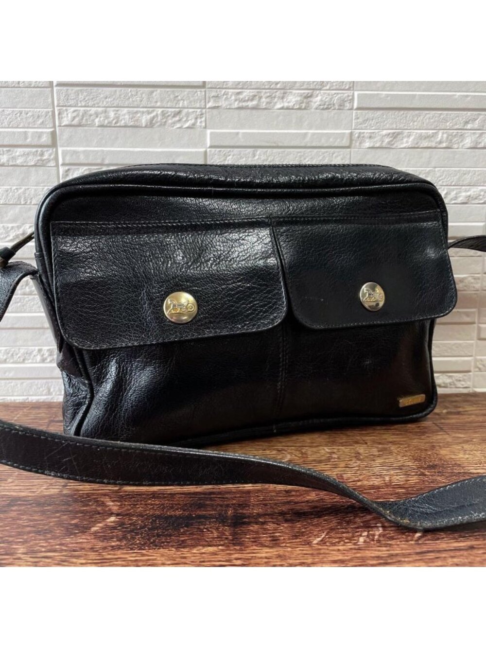 Celine Leather Carriage Logo Shoulder Bag Gold Black